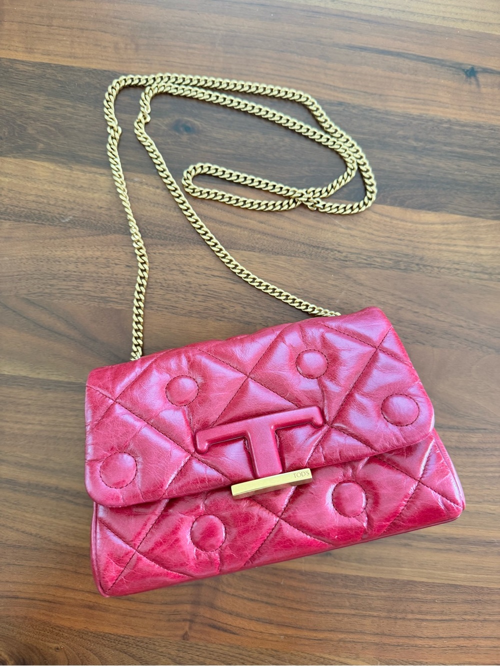 Tod's Quilted Raspberry Red Leather Crossbody with Gold Chain